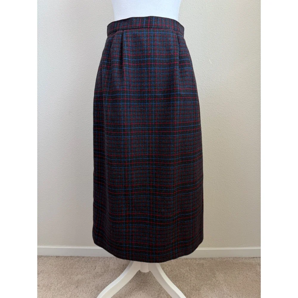 VTG Peabody House Women Wool Blend Midi Skirt M Plaid Pleated Academia Korea